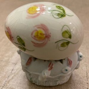 Vintage Porcelain Floral Easter Egg Hand Painted Bunny Rabbit Ceramic Stand